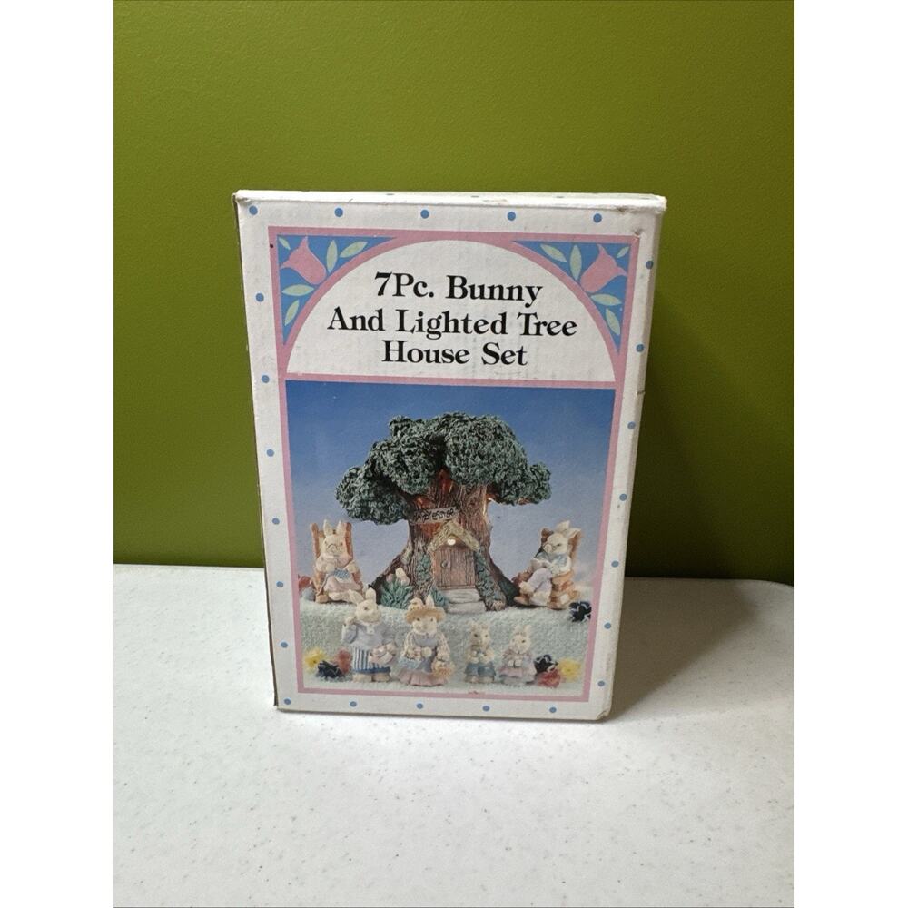 7 Pc Bunny and Lighted‎ Tree House Set 90s Resin Easter Spring Decoration Box - Picture 2 of 12